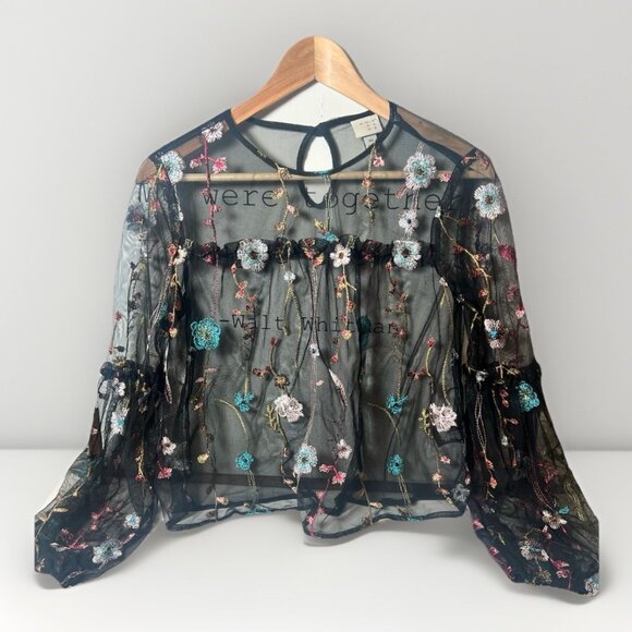 Black Sheer Top Blouse Women’s XSmall Floral Embroidered Balloon Sleeve. Q - Picture 1 of 4